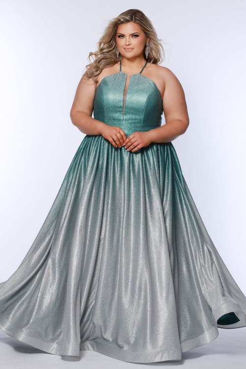 Sydney's Closet Halter Neck A-line Plus Size Formal Gown In Pistachio