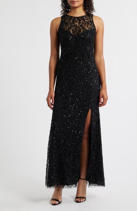 Floral Beaded Sequin Sleeveless A-Line Gown