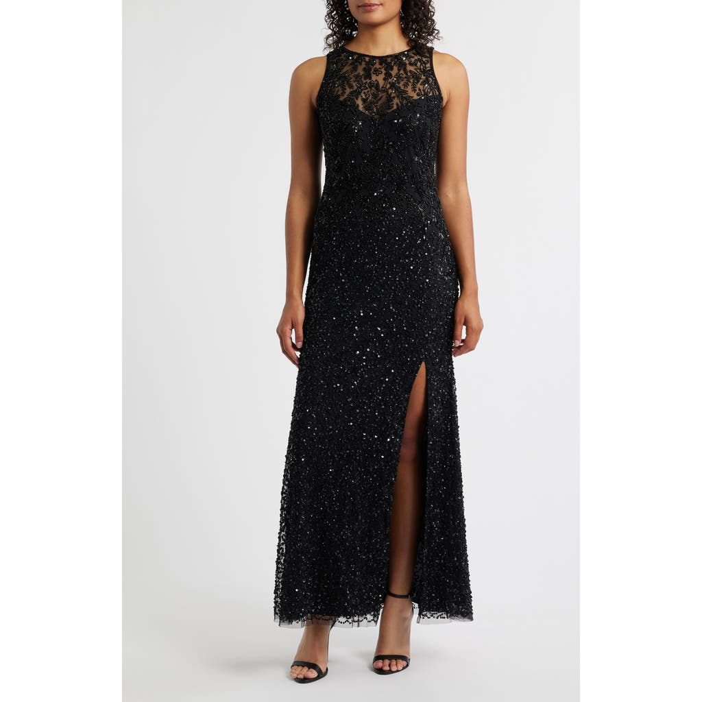 Pisarro Nights Floral Beaded Sequin Sleeveless A-line Gown In Black
