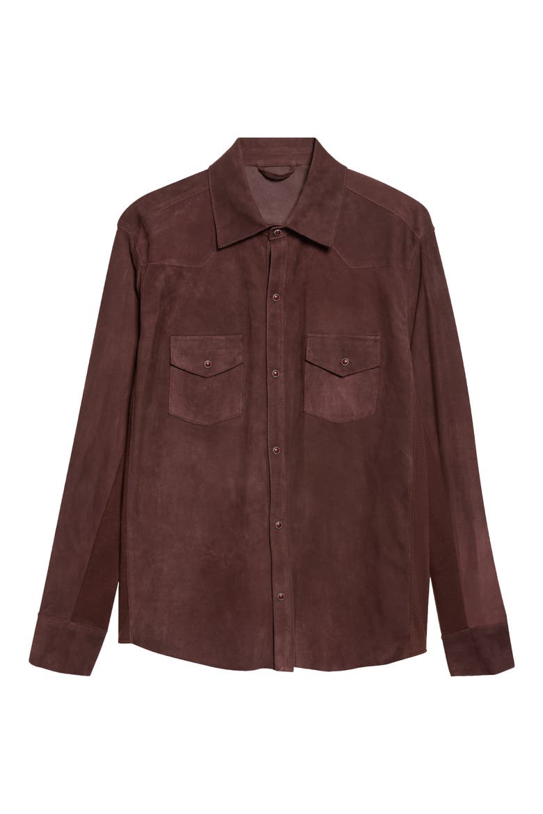 Mixed Media Western Suede & Merino Wool Snap Overshirt, Main, color, 10-10 BURGUNDY BURGUNDY