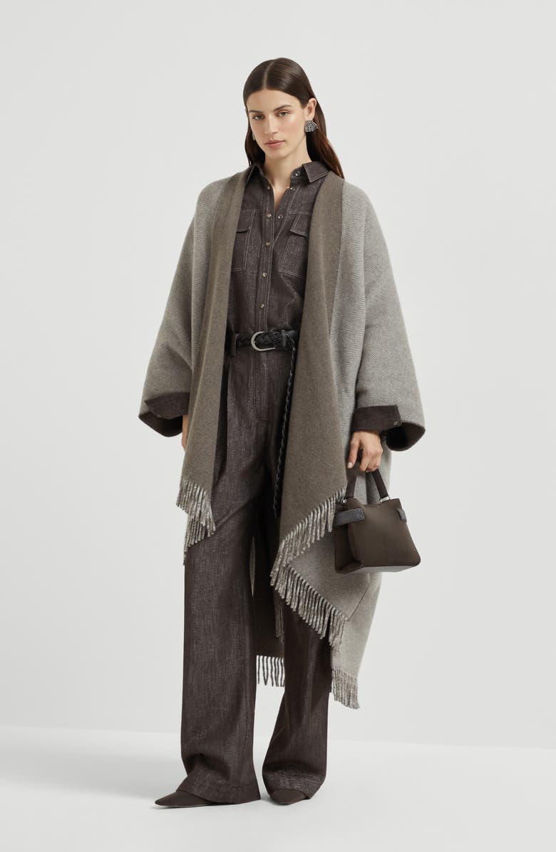 Brunello Cucinelli Cashmere flannel poncho, Alternate, color, Light Brown