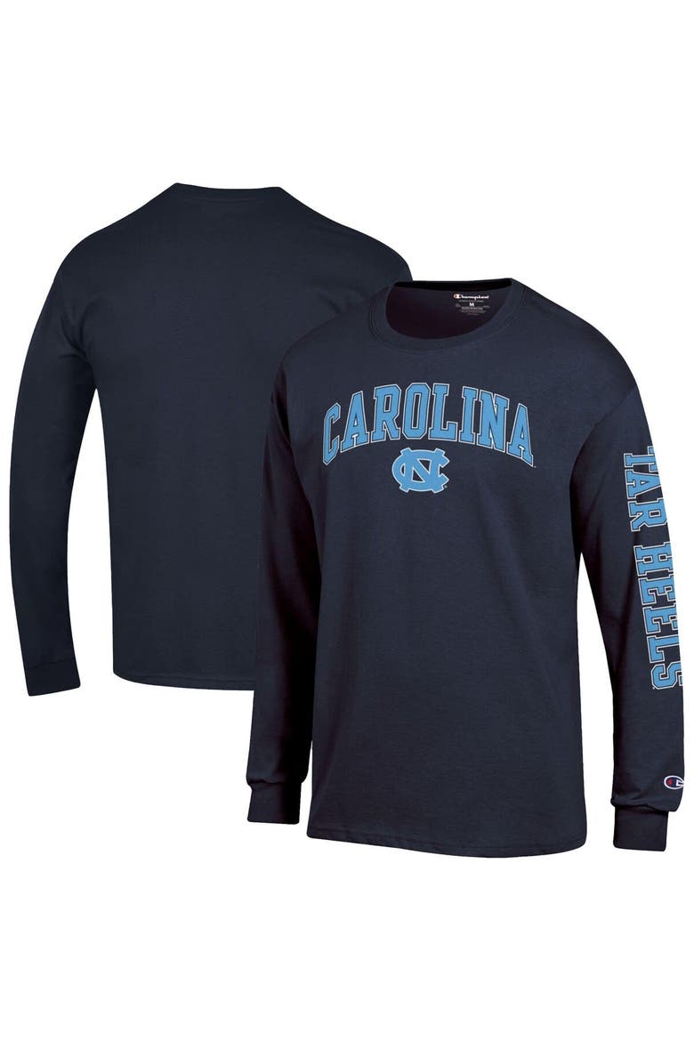 Men's Champion  Navy North Carolina Tar Heels Arch Over Logo 2-Hit Long Sleeve T-Shirt, Alternate, color, Navy
