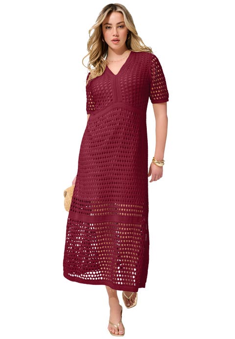 Plus Size Openwork Knit V Neck Tiered Maxi Dress