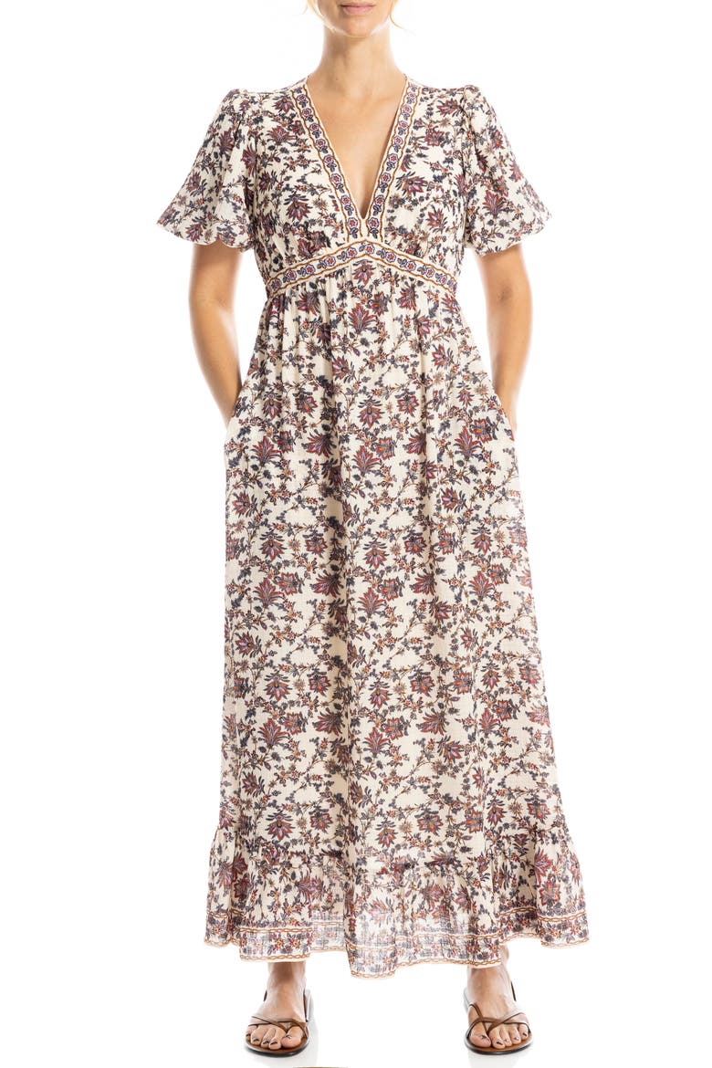 Flutter Sleeve Empire Waist Maxi Dress, Main, color, ECRU/ RED ANCESTRAL