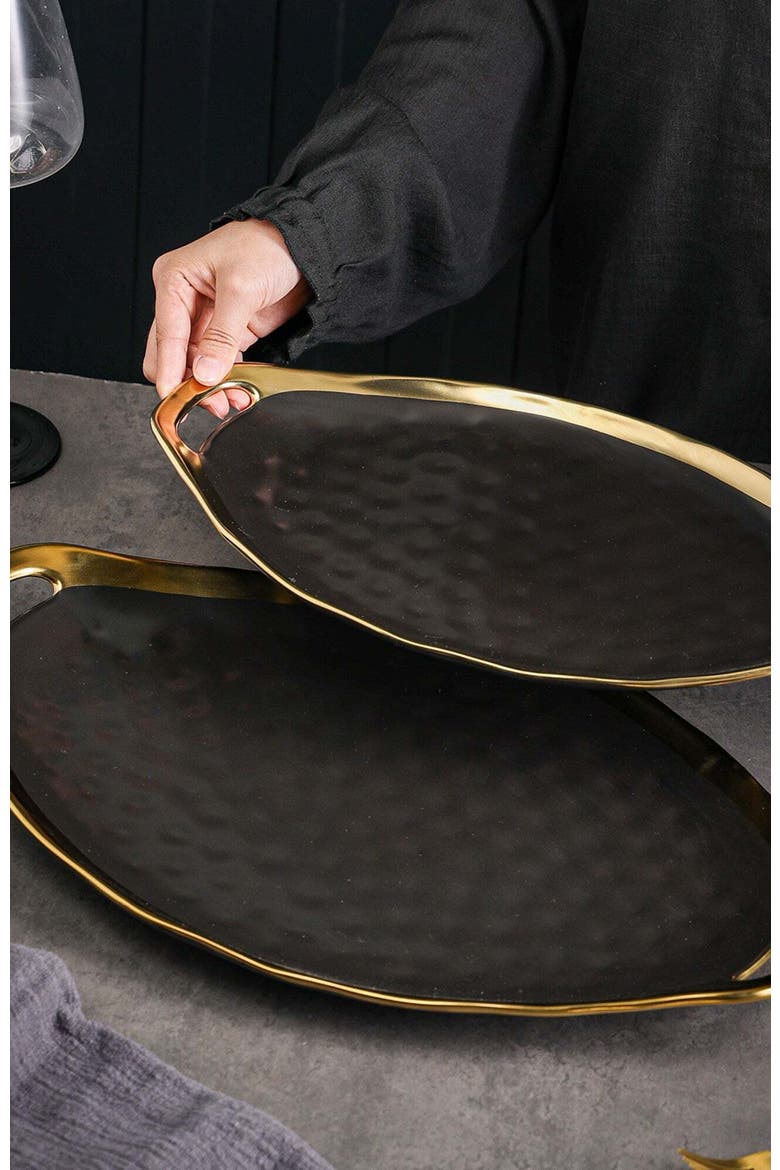 Florian Porcelain 2-Piece Serving Plate Set, Alternate, color, Black