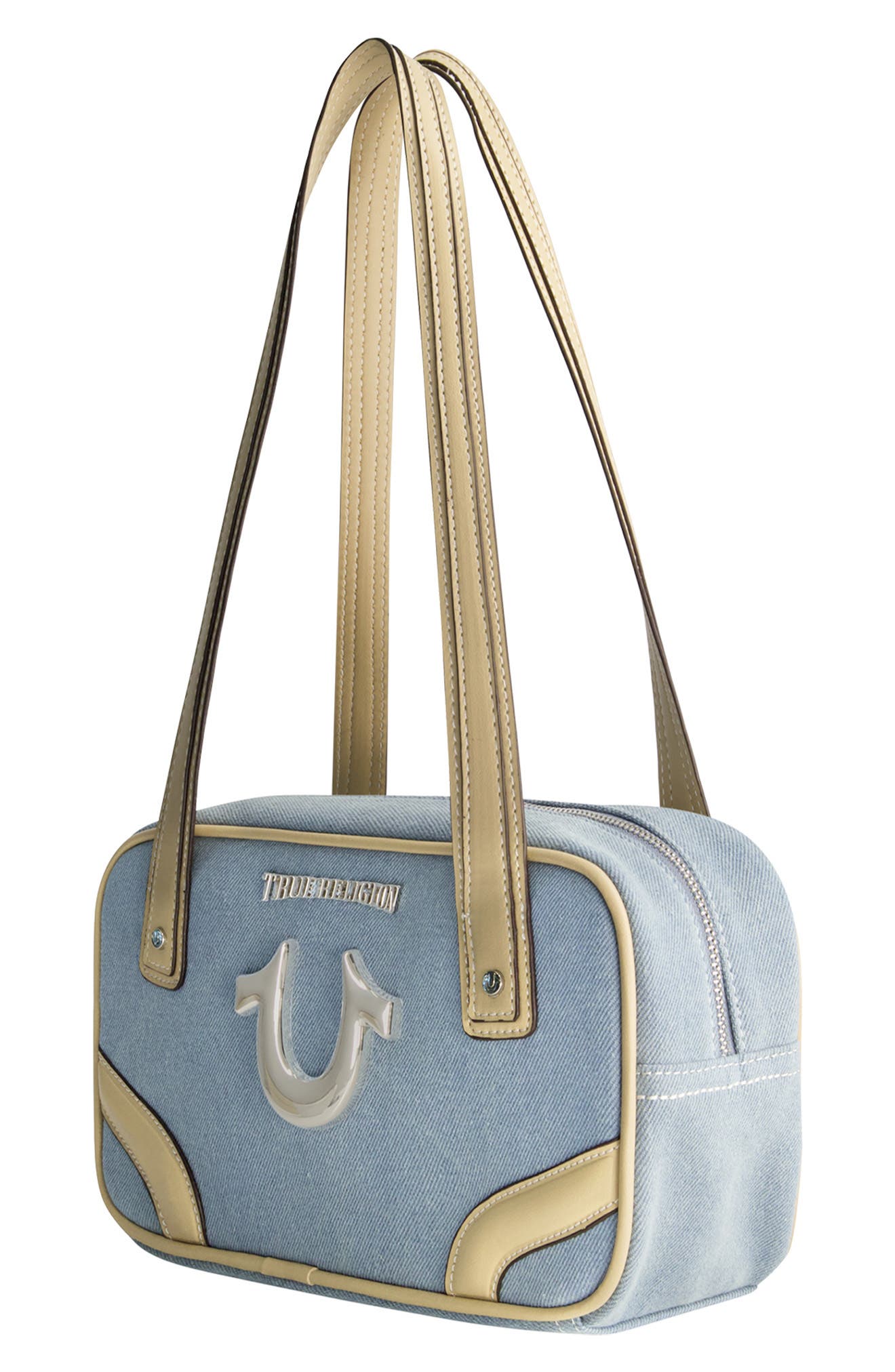 True Religion Logo Bowling Satchel Bag, Alternate, color, Denim