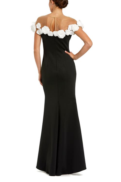 Mac Duggal Stretch Crepe Mermaid Gown With 3d Flowers In Black Cream