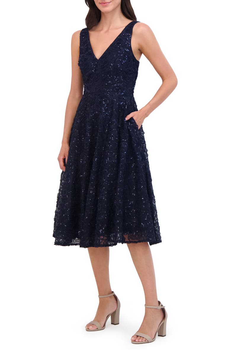 Eliza J Sequin Sleeveless Midi Fit & Flare Dress, Alternate, color, 