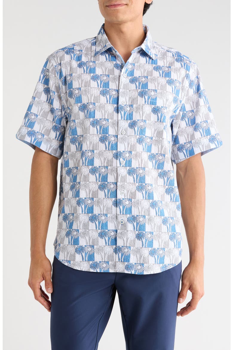 Nova Wave Sunnyside Palms Short Sleeve Seersucker Button-Up Shirt, Main, color, BLUE LAPIS