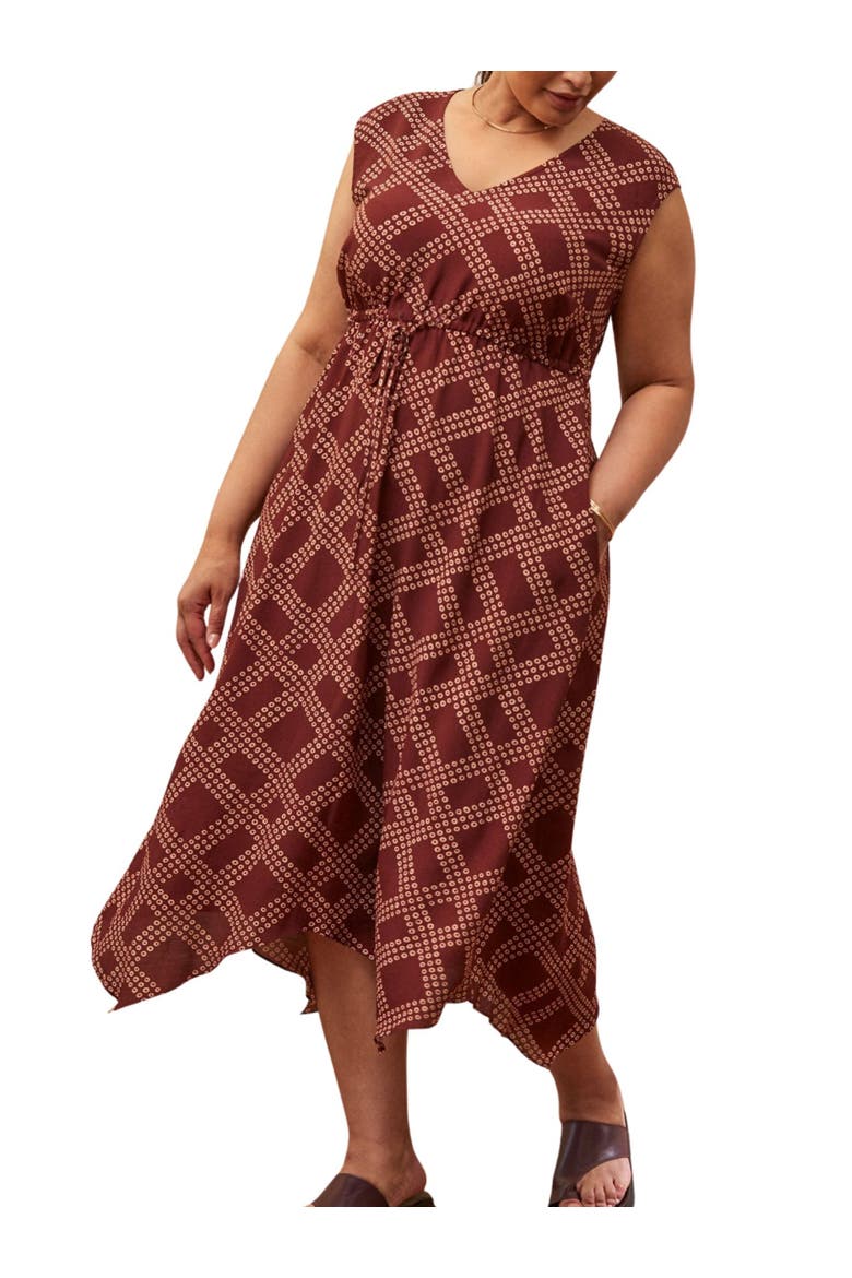 Geo Print V-Neck Hanky Hem Dress, Alternate, color, Brown