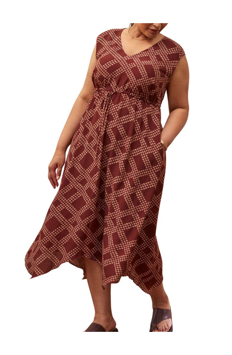 Live Unlimited Geo Print V-Neck Hanky Hem Dress, Alternate, color, Brown