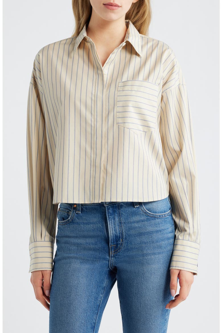 Molly Stripe Crop Cotton Button-Up Shirt, Main, color, TAN STRIPE