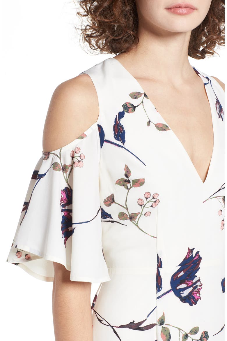 Flutter Sleeve Cold Shoulder Dress, Alternate, color, IVORY CLOUD MULTI FLORAL