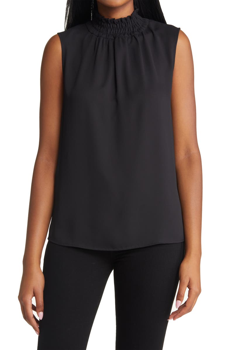 Ming Wang Smocked Mock Neck Sleeveless Blouse, Main, color, Black