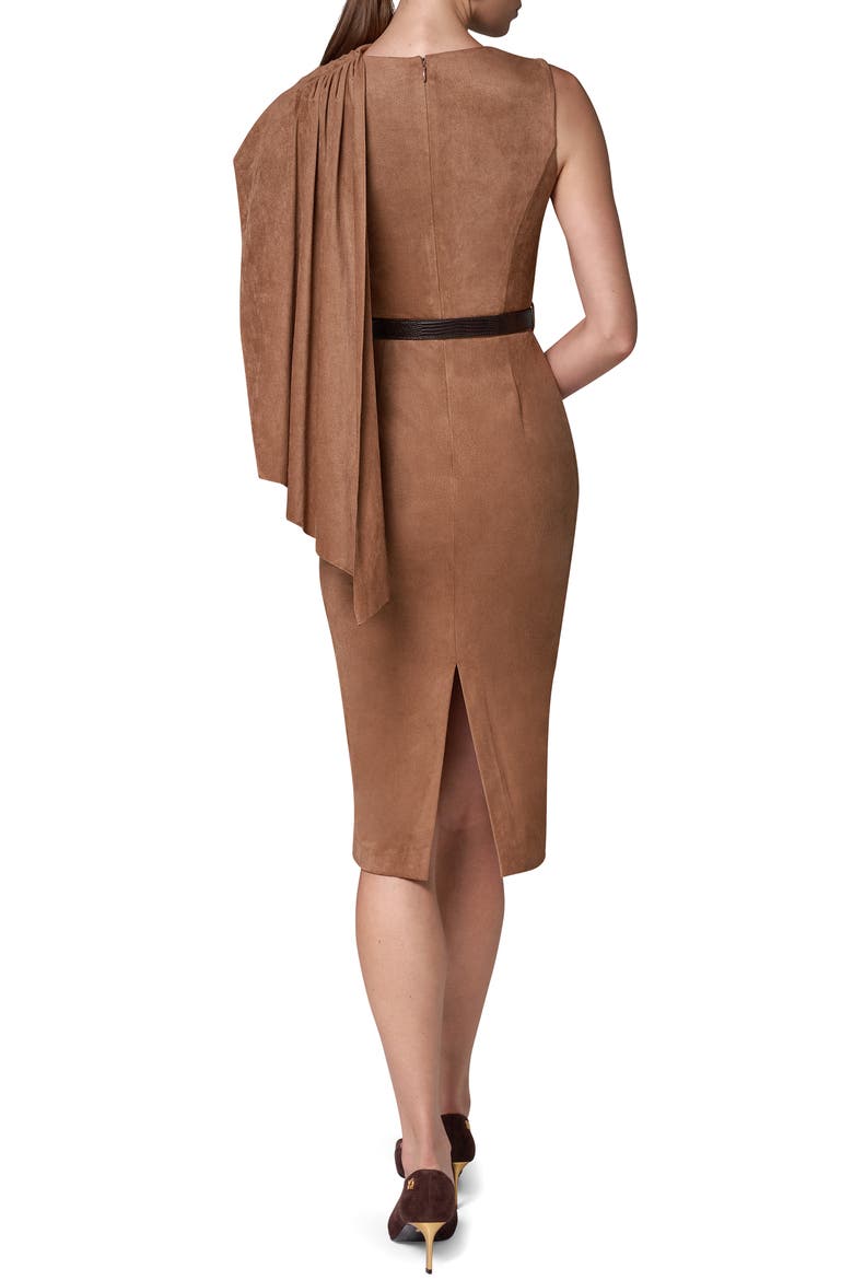 Shoulder Drape Faux Suede Sheath Midi Dress, Alternate, color, CAMEL