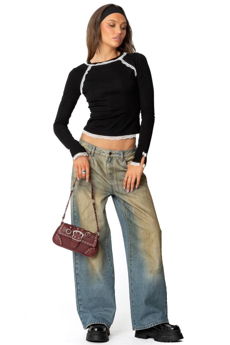 Edith Lace Trim Crop Top, Alternate, color, BLACK-AND-WHITE