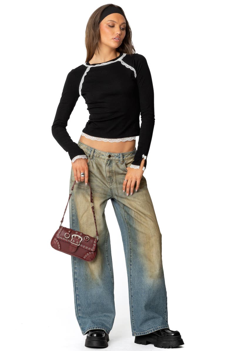 EDIKTED Edith Lace Trim Crop Top, Alternate, color, Black-And-White