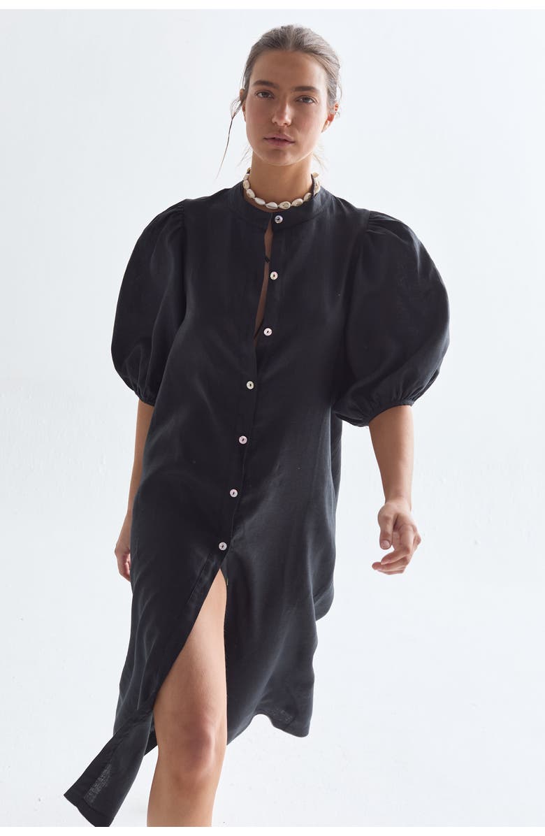 LANHTROPY Bubble Linen Dress, Alternate, color, Black