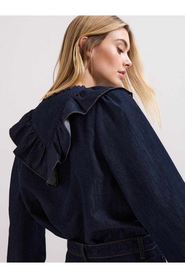 Alexia Denim Ruffle V-Neck Blouse, Alternate, color, Mid Wash