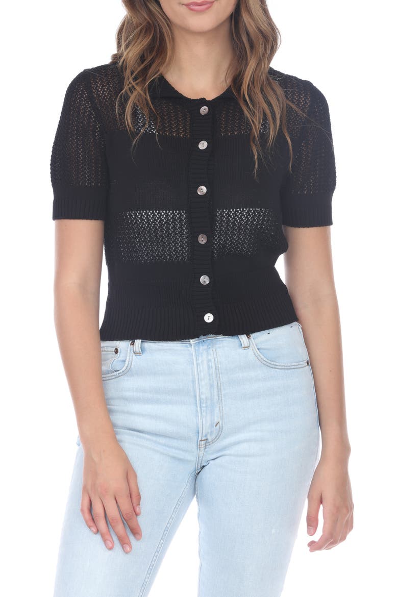 Cropped Openwork Cardigan Sweater, Main, color, BLACK