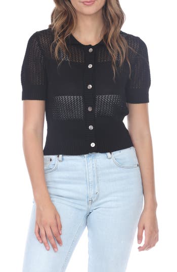 Shop Rain And Rose Cropped Openwork Cardigan Sweater In Black