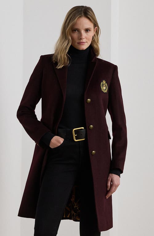 Ralph Lauren Lauren  Crest Patch Wool Blend Reefer Coat In Burgundy