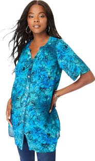 Roaman's Plus Size Angelina Crinkle Crepe Y-Neck Short Sleeve Tunic