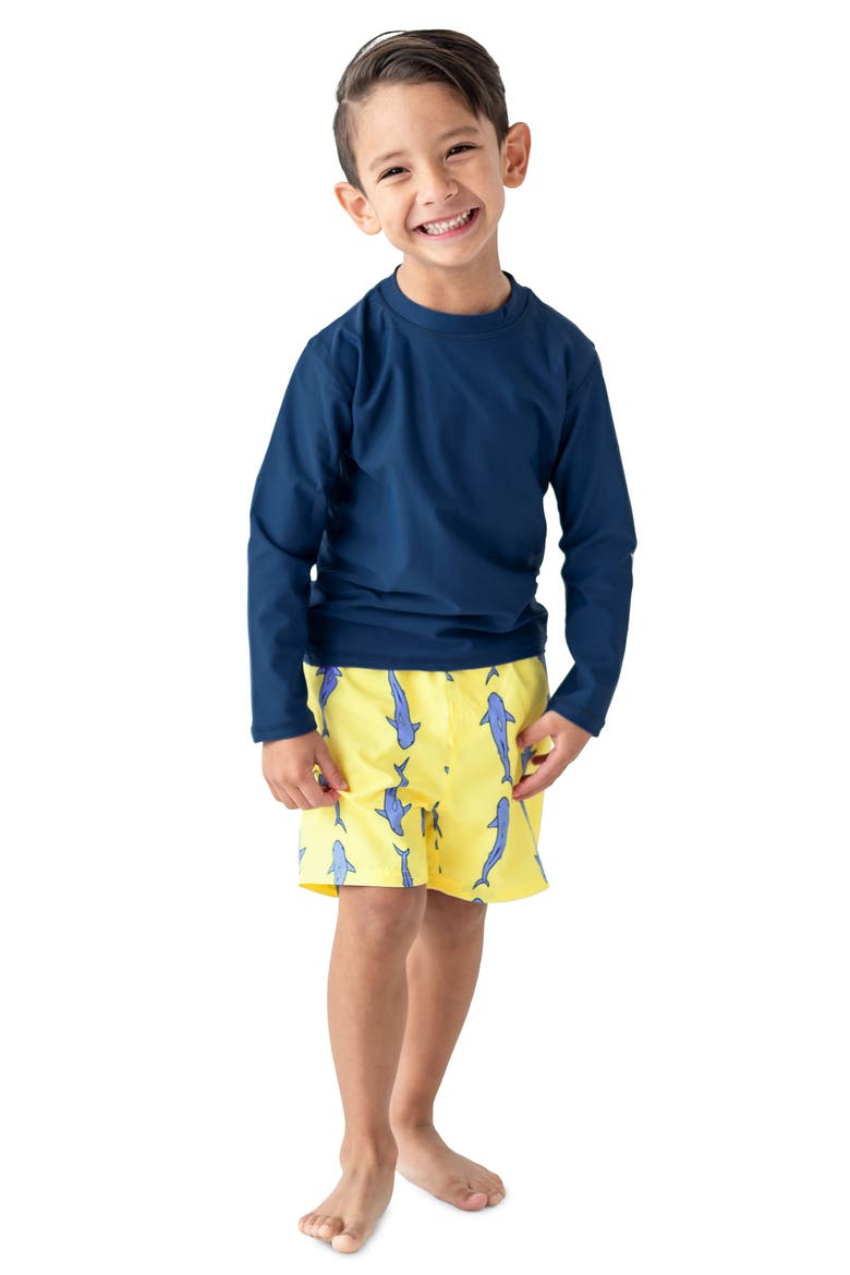 Kids' Shark Print Swim Trunks, Alternate, color, YELLOW
