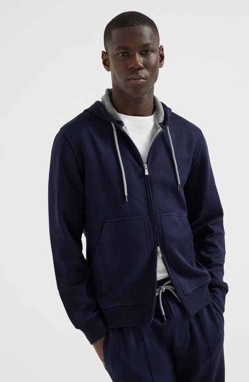 Brunello Cucinelli Zip-up Hoodie With Contrasting Lining And Ribbed Cuffs In Cobalt