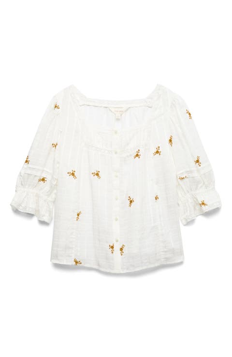 Floral Embroidered Lace Trim Button-Up Top