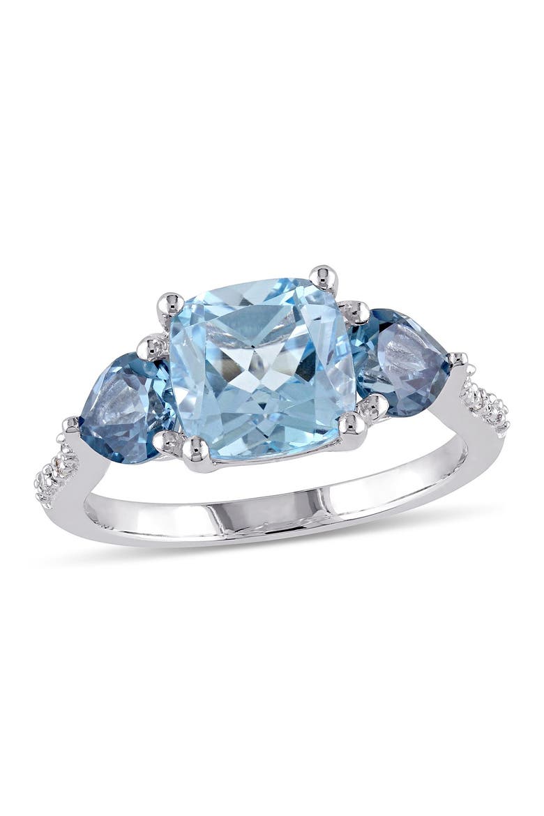 Sterling Silver Prong Set Cushion Cut Sky & London Blue Topaz Diamond Accented Floral Ring, Main, color, BLUE