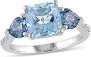 DELMAR Sterling Silver Prong Set Cushion Cut Sky & London Blue Topaz Diamond Accented Floral Ring