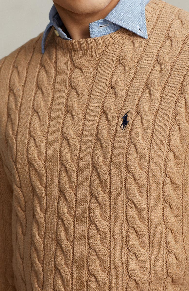 Polo Ralph Lauren Cable Knit Cotton Crewneck Sweater, Alternate, color, Camel Melange