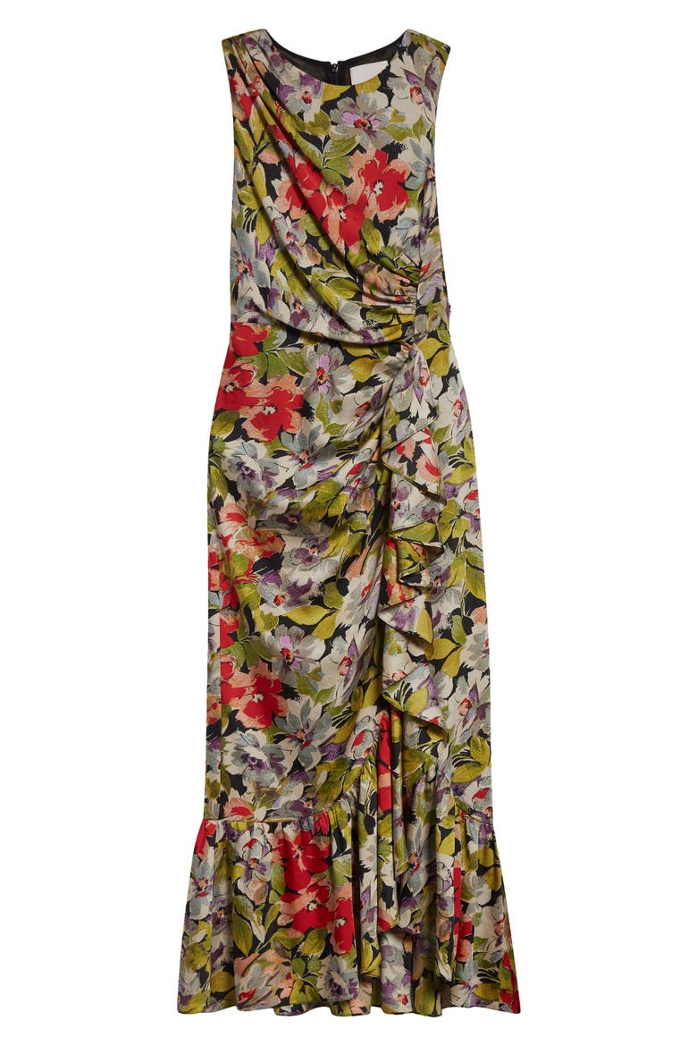 Canyon Bloom Elvira Ruffle Sleeveless Silk Midi Dress, Alternate, color, BLACK MULTI