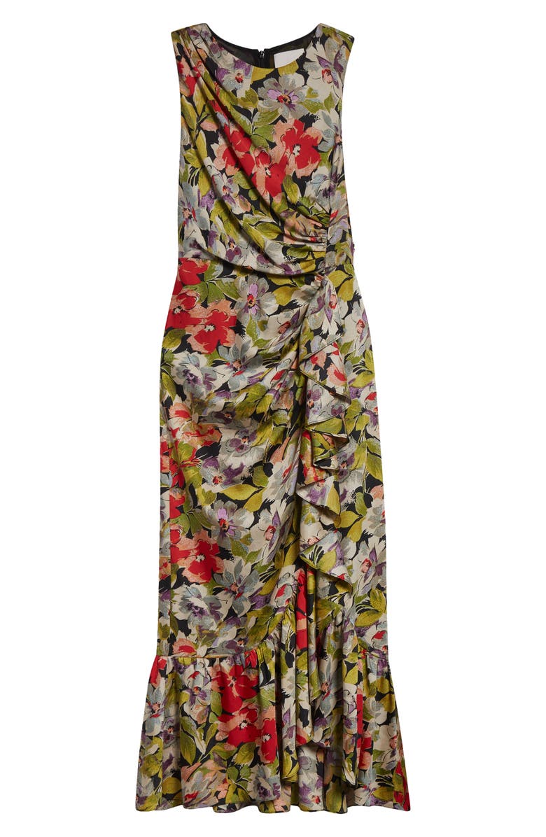 Cinq à Sept Canyon Bloom Elvira Ruffle Sleeveless Silk Midi Dress, Alternate, color, Black Multi