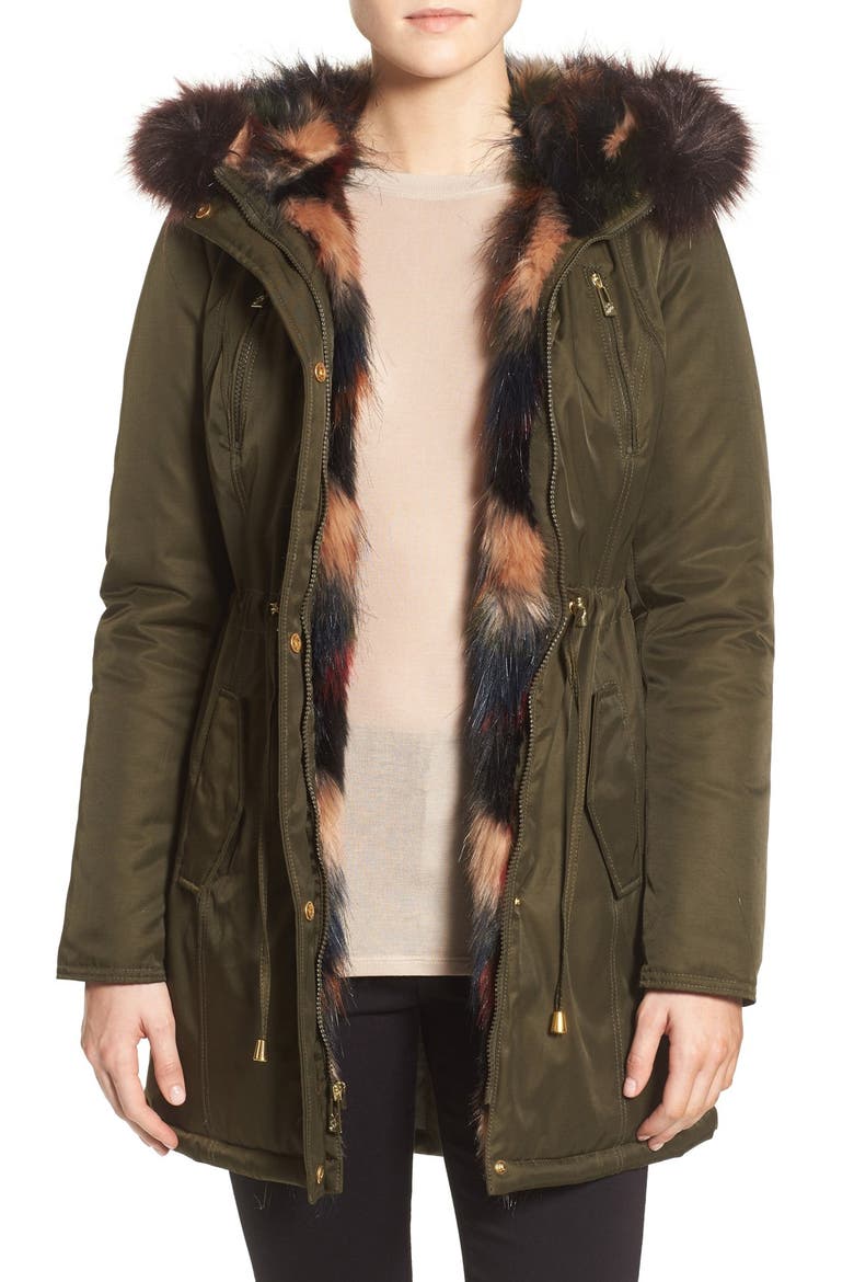 Faux Fur Trim Parka, Main, color, OLIVE