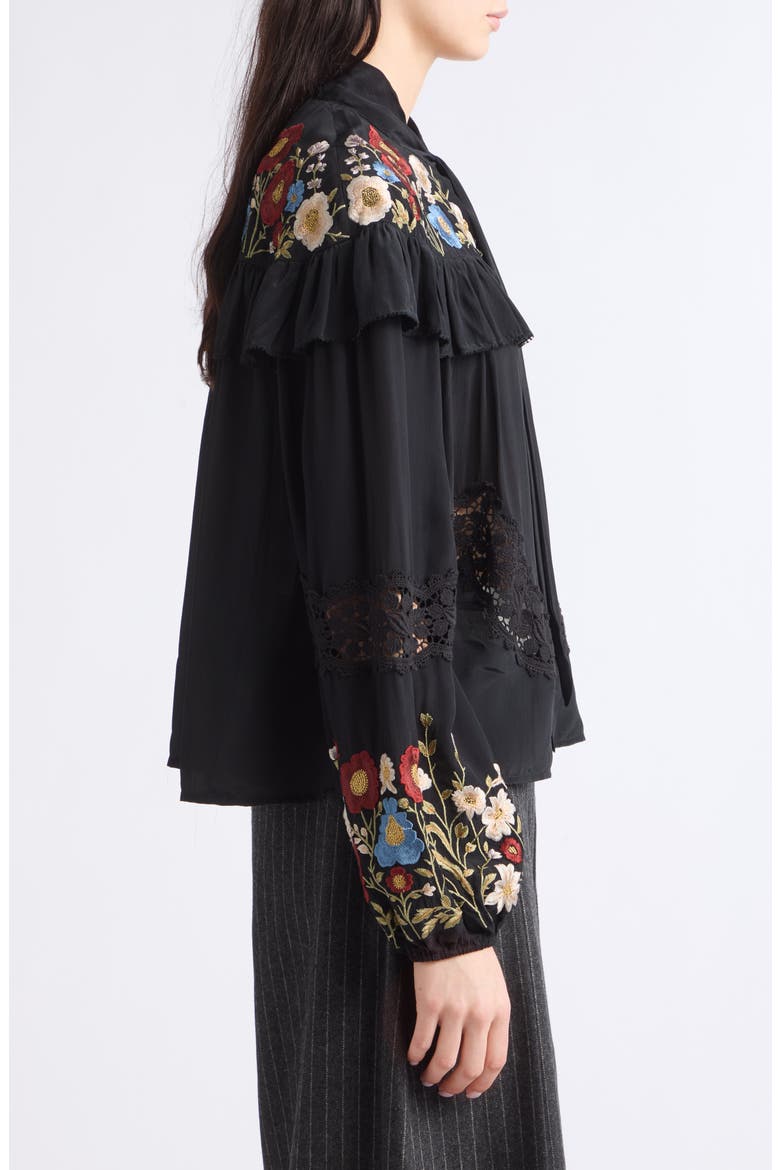 Ruwa Embroidered Tie Neck Top, Alternate, color, BLACK
