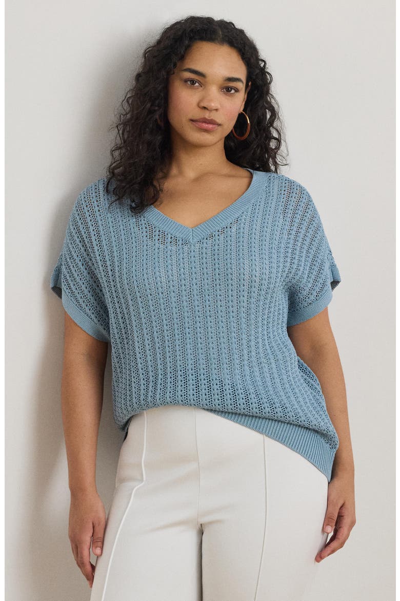 Short Sleeve Sheer Cotton Blend Sweater, Alternate, color, BLUE NOTE
