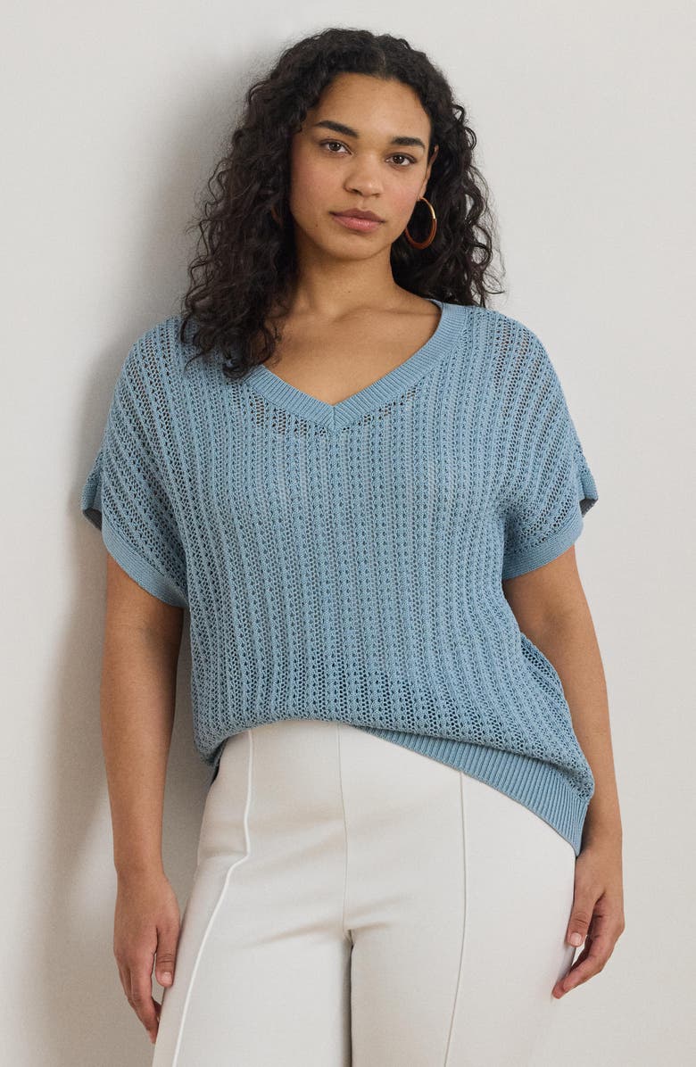 Lauren Ralph Lauren Short Sleeve Sheer Cotton Blend Sweater, Alternate, color, Blue Note