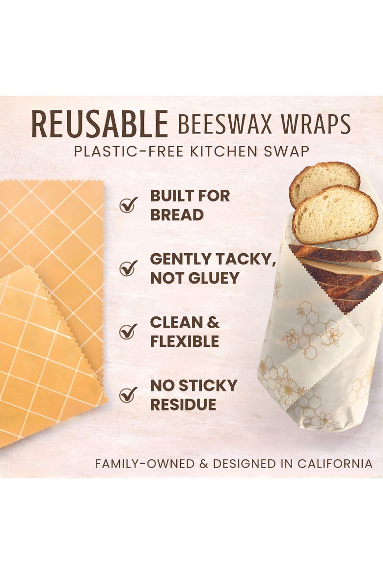 Beeswax Bread Wraps, Set of 2, Reusable Organic Cotton, 17"x23", Alternate, color, Beige