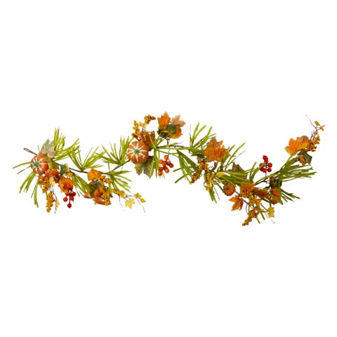 Mini Pumpkins and Berry Clusters Artificial Fall Harvest Garland - 5' x 10" - Green and Orange
