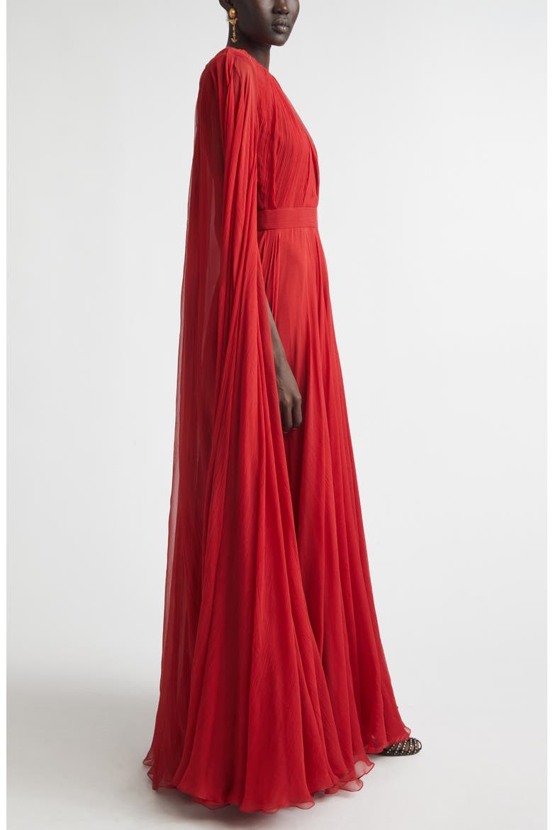 Long Sleeve Silk Crepon Cape Gown, Alternate, color, DARK RED