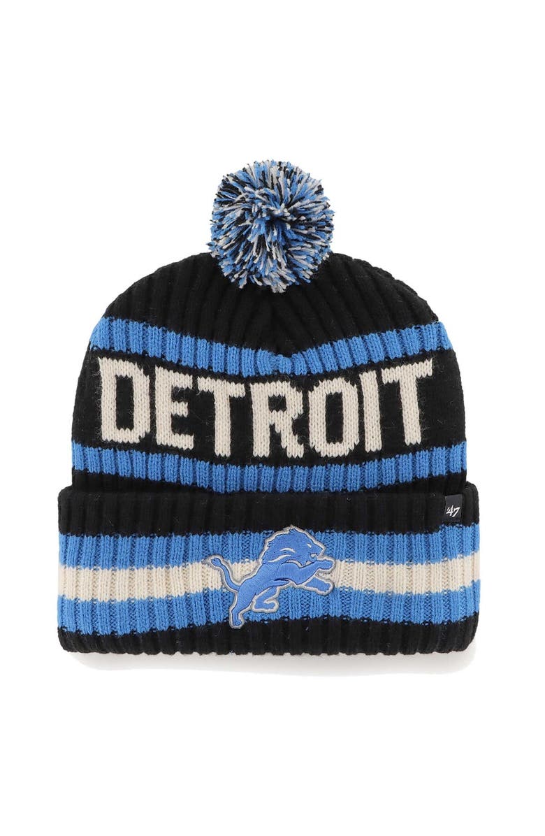 '47 Men's '47 Black Detroit Lions Bering Cuffed Knit Hat with Pom, Main, color, 