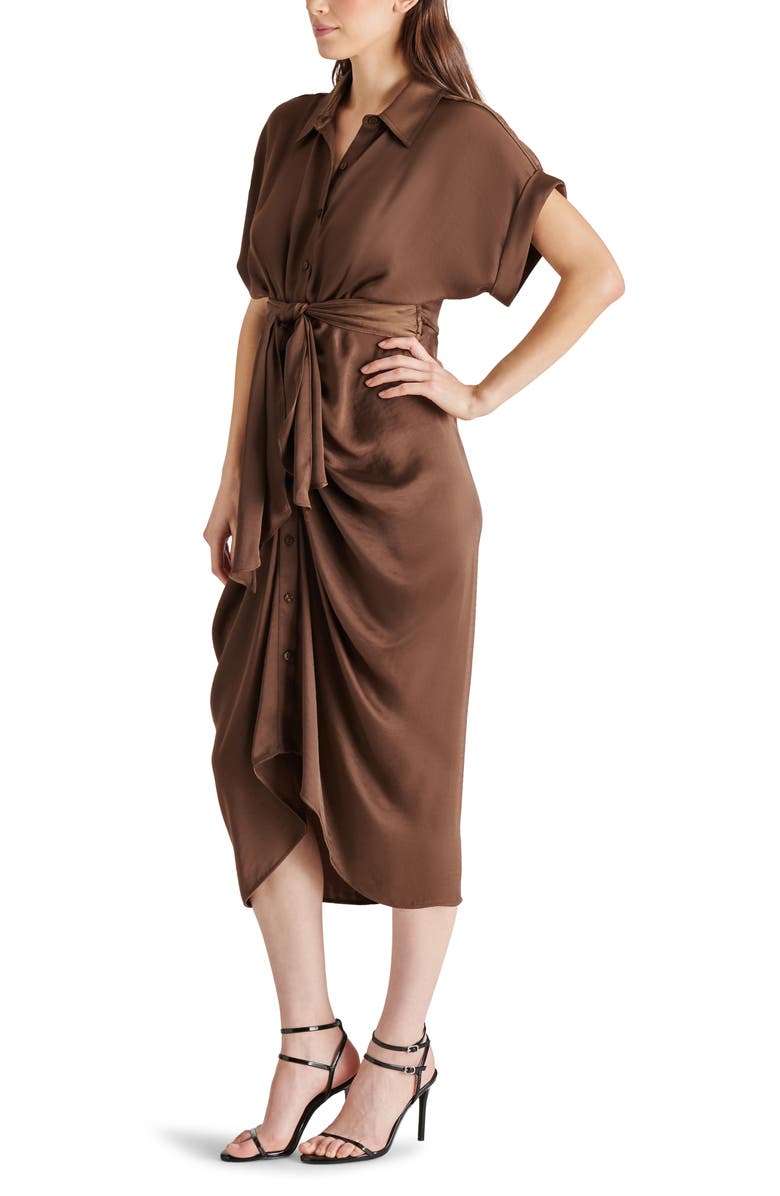 Steve Madden Tori Tie Waist Satin Midi Shirtdress, Alternate, color, Coco