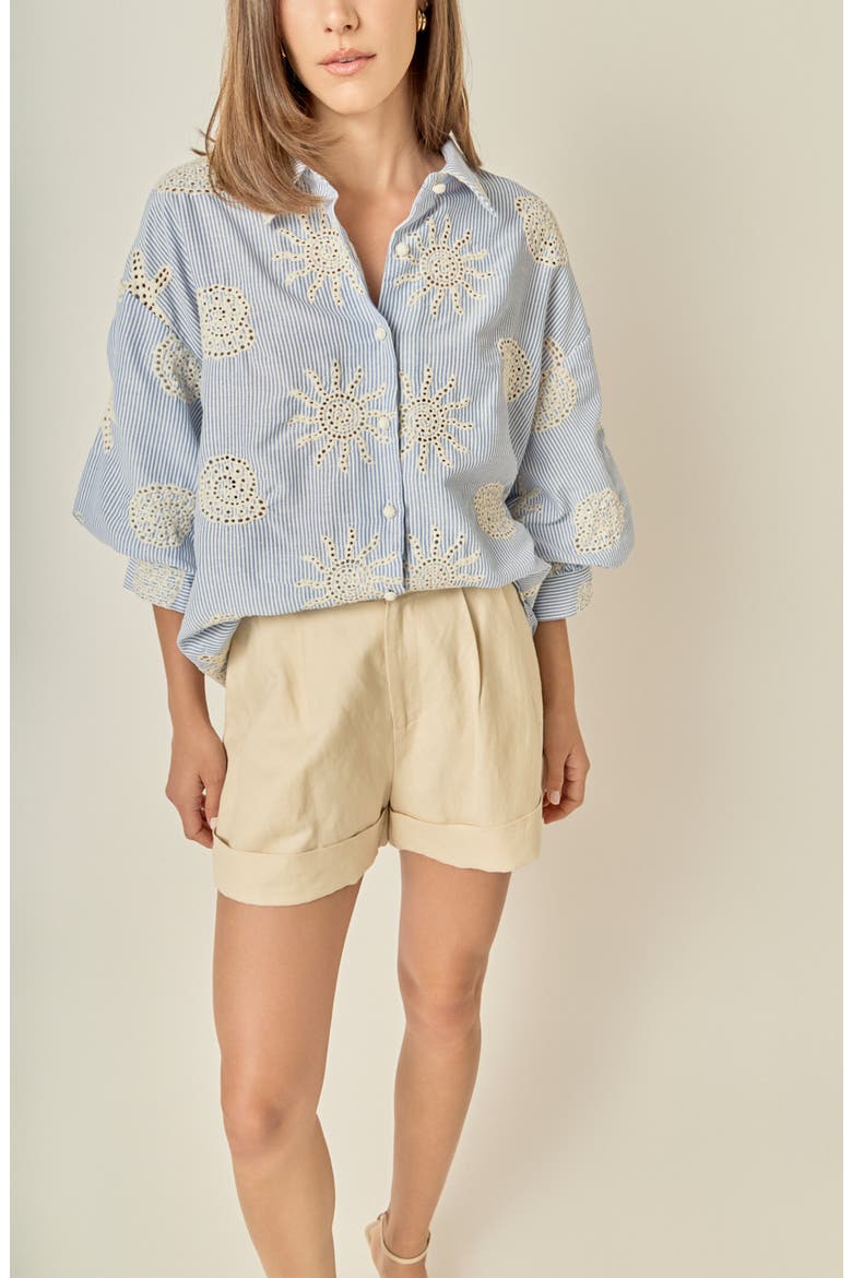 Striped Eyelet Embroidery Voluminous Shirt, Alternate, color, BLUE