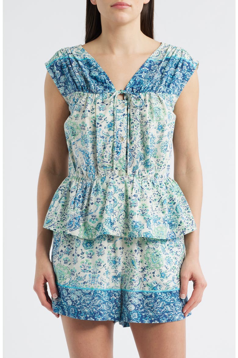 Paisley Print Sleeveless Peplum Shirt, Main, color, CADET BLUE/ BLUE GROTTO