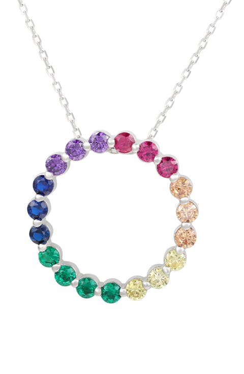 Sterling Silver Rainbow Cubic Zirconia Circle Pendant Necklace