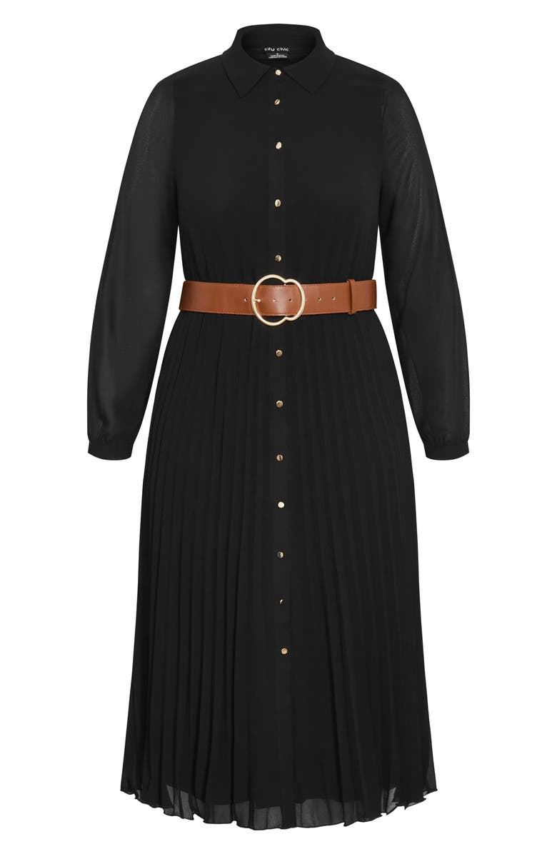 City Chic Celine Belted Long Sleeve Maxi Shirtdress, Alternate, color, Black
