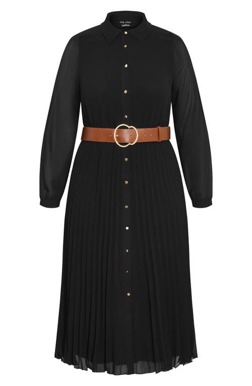 City Chic Celine Belted Long Sleeve Maxi Shirtdress In Black