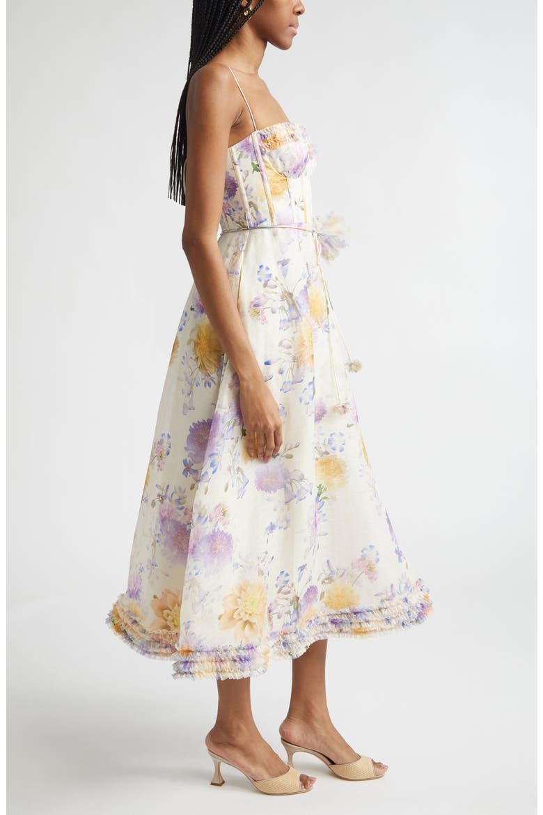 Luna Ruffle Linen & Silk Corset Midi Dress, Alternate, color, CREAM DAHLIA